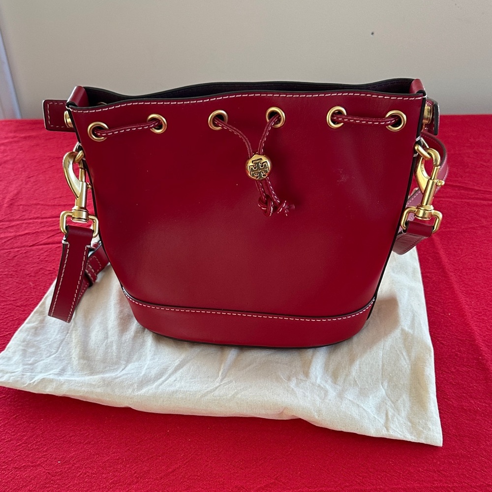 Tory Burch Red Leather Bucket Bag with Gold Accents